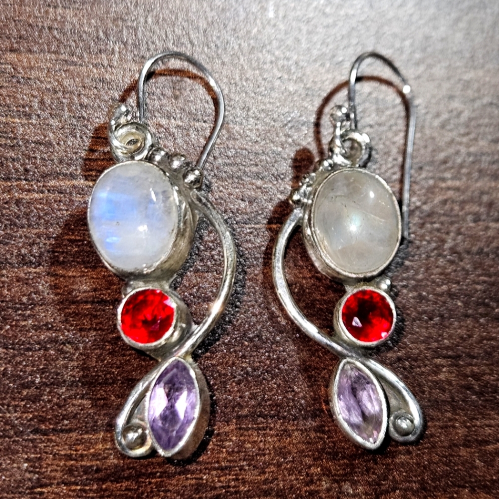 Moonstone Garnet & Rose Quartz Gemstone Earring 925 Sterling Silver